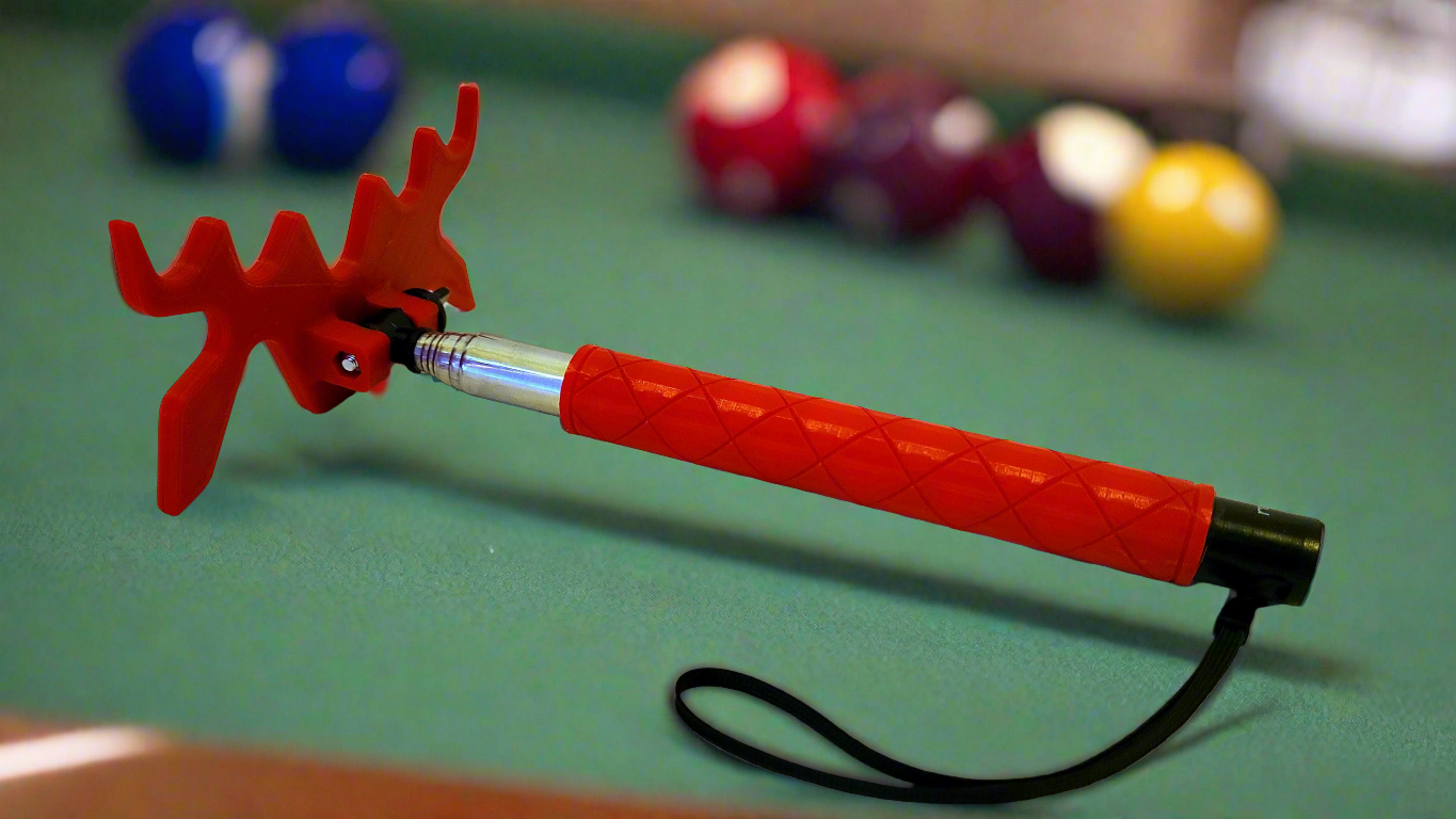 Red pool bridge 3D printed with 40" telescoping handle Pool Cue Extension Tool