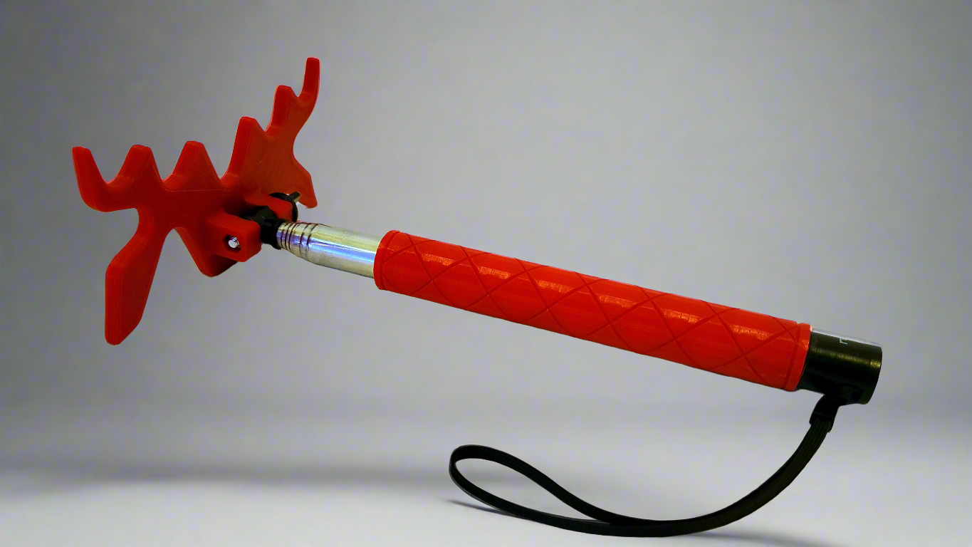 Red pool bridge 3D printed with 40" telescoping handle Pool Cue Extension Tool