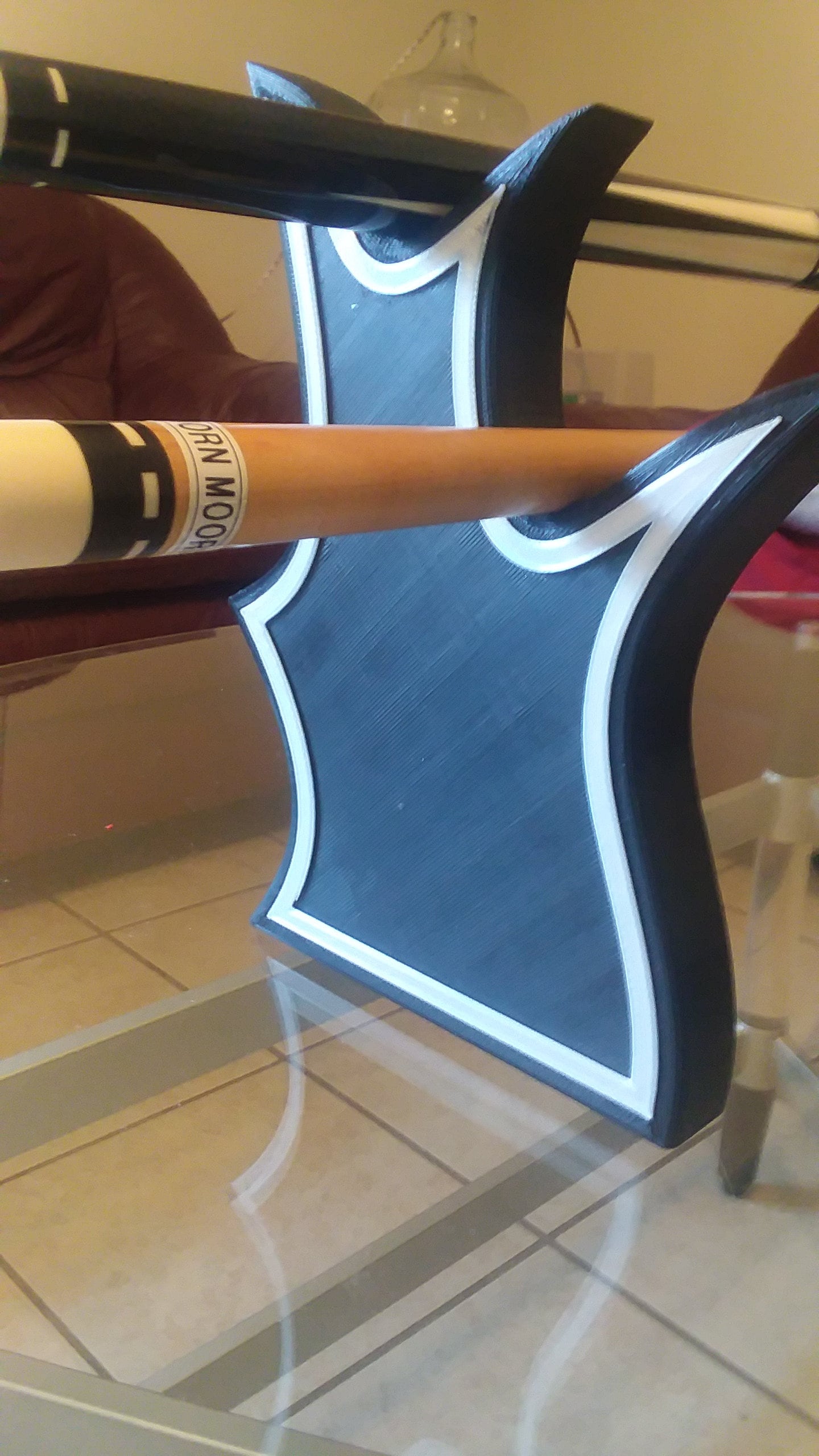 Silk (pearl) and black 3d printed pool cue stands (2)