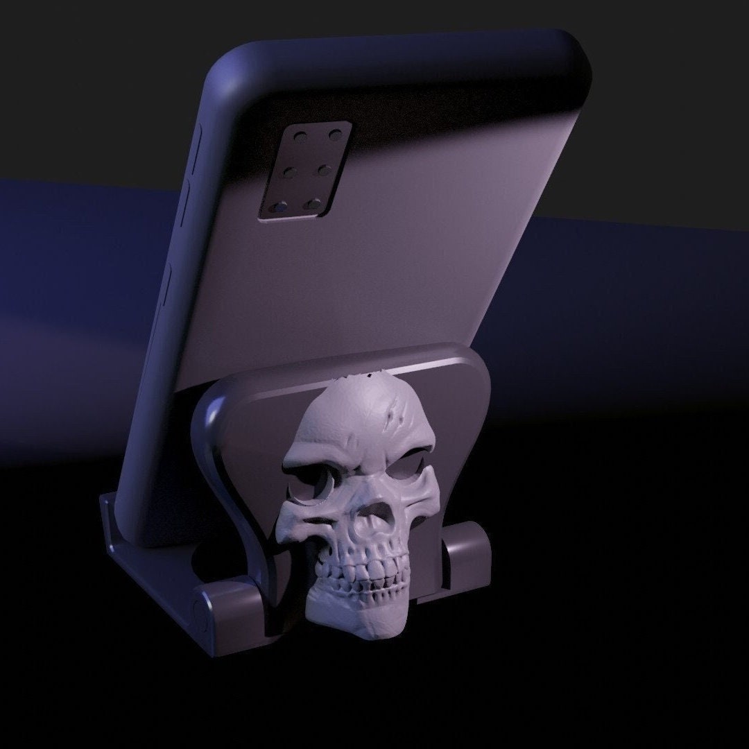 Skull Phone Stand for Desk, 3D Printed Holder, Gothic Office Decor, Halloween Gift Spooky Skull Phone Stand, Creepy Skeleton Gift